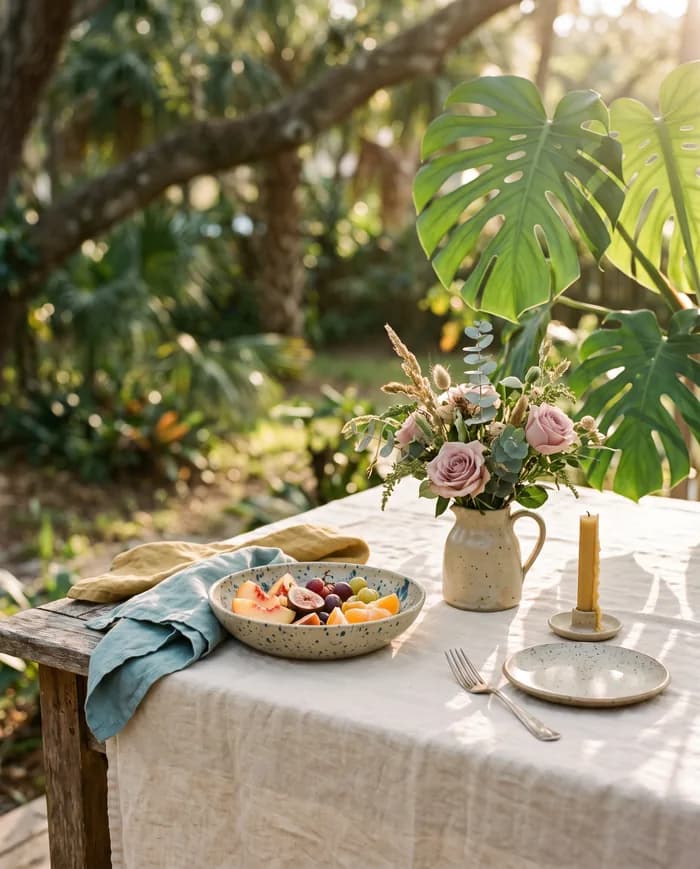 La mesa de la experiencia: cerámica hecha a mano, fruta y flores